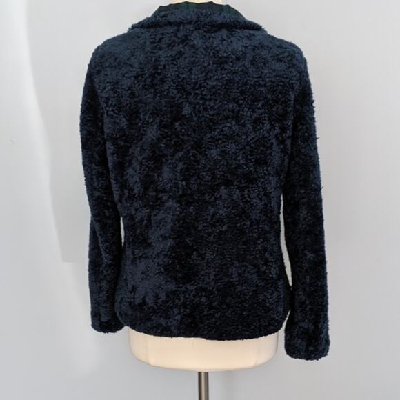 Women's Pendleton Fuzzy Zip Navy Plaid Fleece Jacket Medium Pockets Fall - Picture 6 of 10